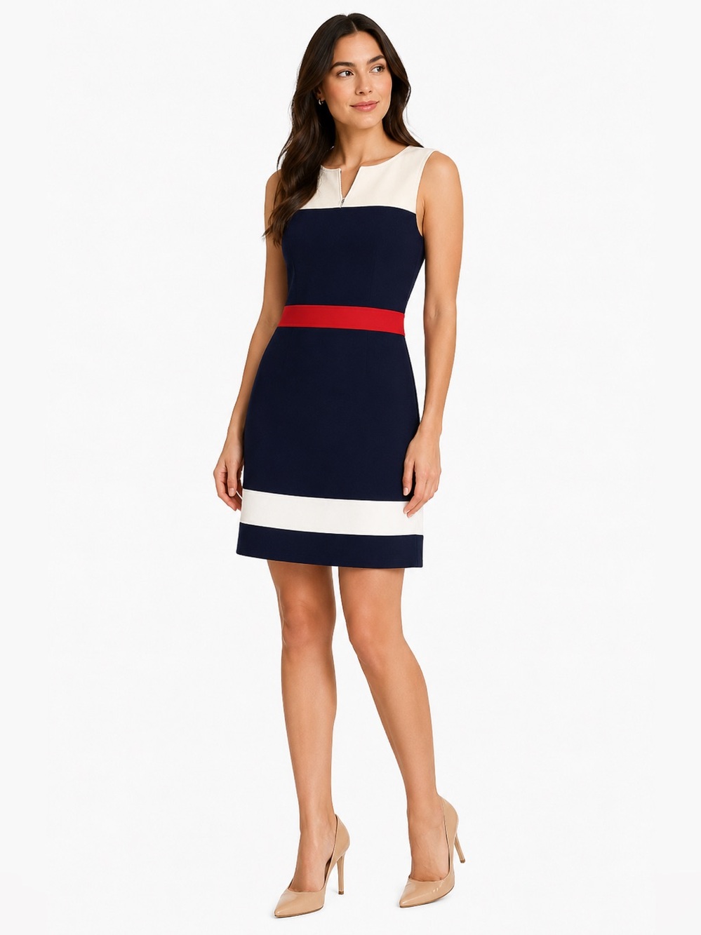 41 Hawthorn Sloane Navy Colorblock A-Line Ponte Shift Dress with Red Waistband